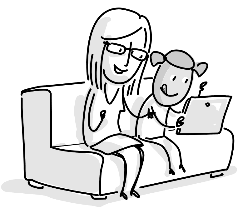 Therapeutin und Kind mit Tablet auf dem Sofa