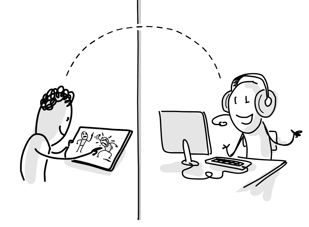 Videosprechstunde: Kind am Tablet, Therapeut am Computer