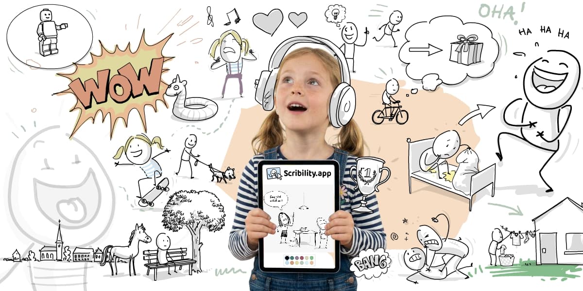 Kind mit Tablet vor einer Wand voller Scribility-Zeichnungen